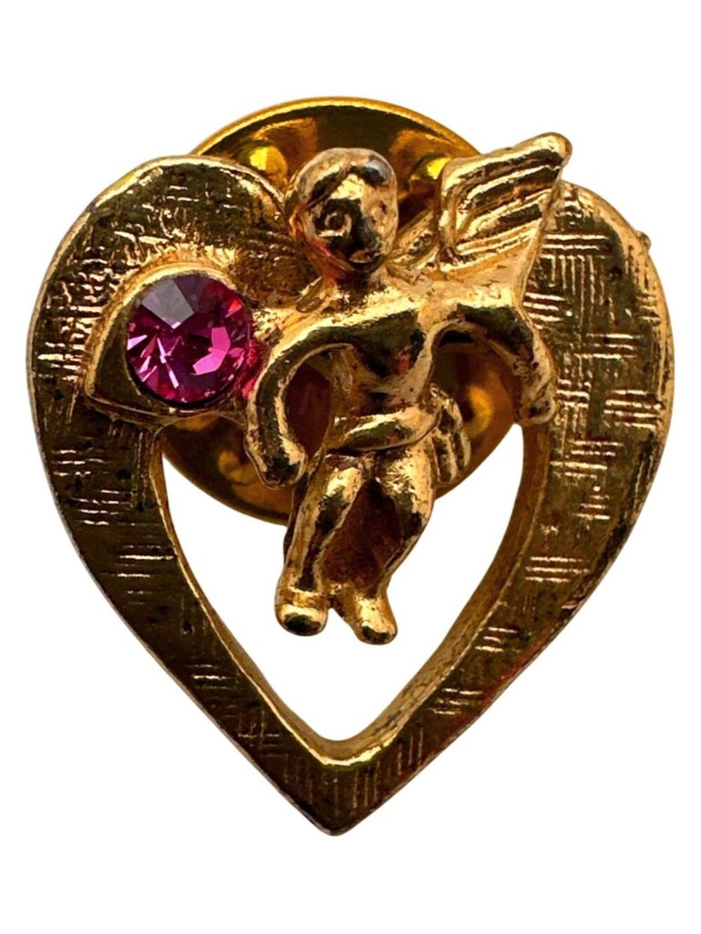 Cherub Heart-Shaped Lapel Pin Angel Pink Crystal Accent Gold Tone